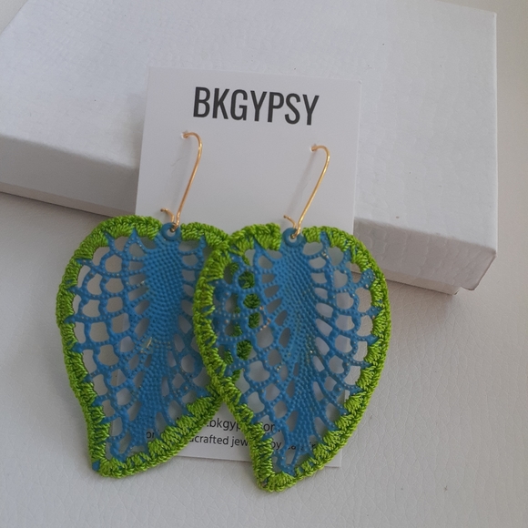 Blue Green Handmade Leaf Earring - Picture 1 of 3